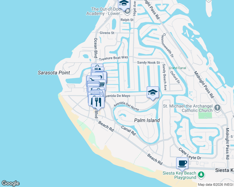 map of restaurants, bars, coffee shops, grocery stores, and more near 431 Avenida De Mayo in Sarasota