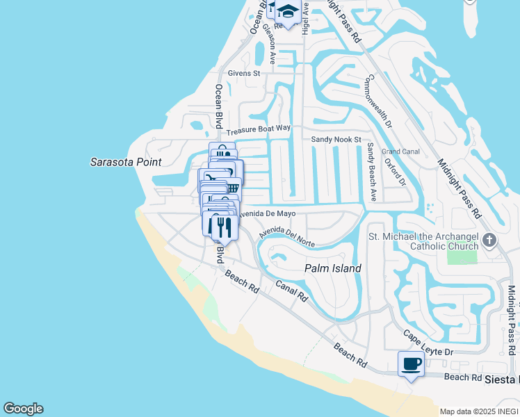map of restaurants, bars, coffee shops, grocery stores, and more near 428 Avenida De Mayo in Siesta Key