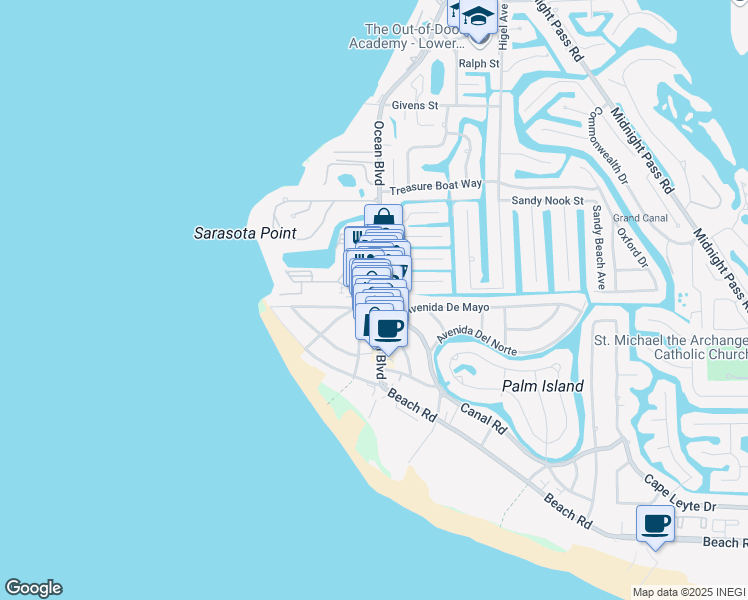 map of restaurants, bars, coffee shops, grocery stores, and more near 5148 Ocean Boulevard in Siesta Key