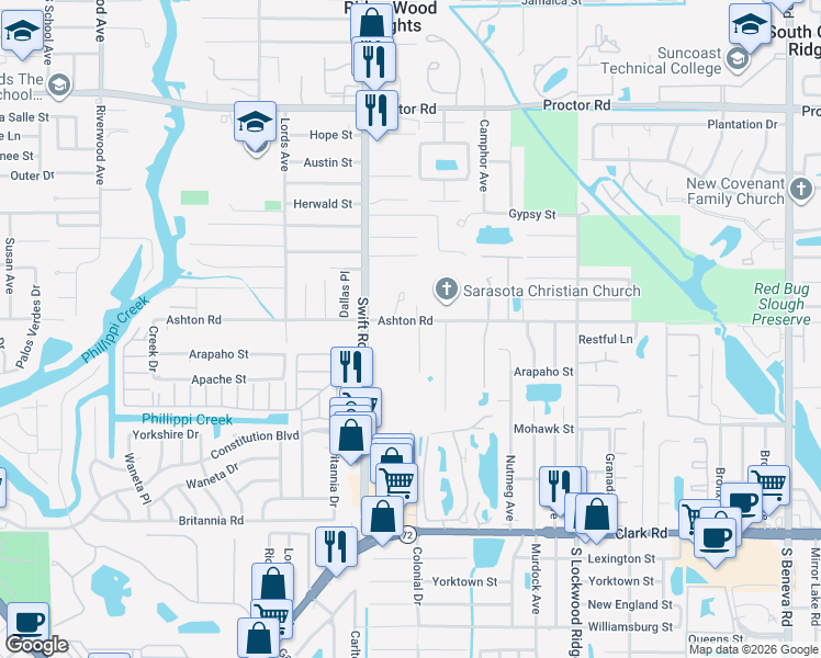 map of restaurants, bars, coffee shops, grocery stores, and more near 5311 Midland Road in Sarasota