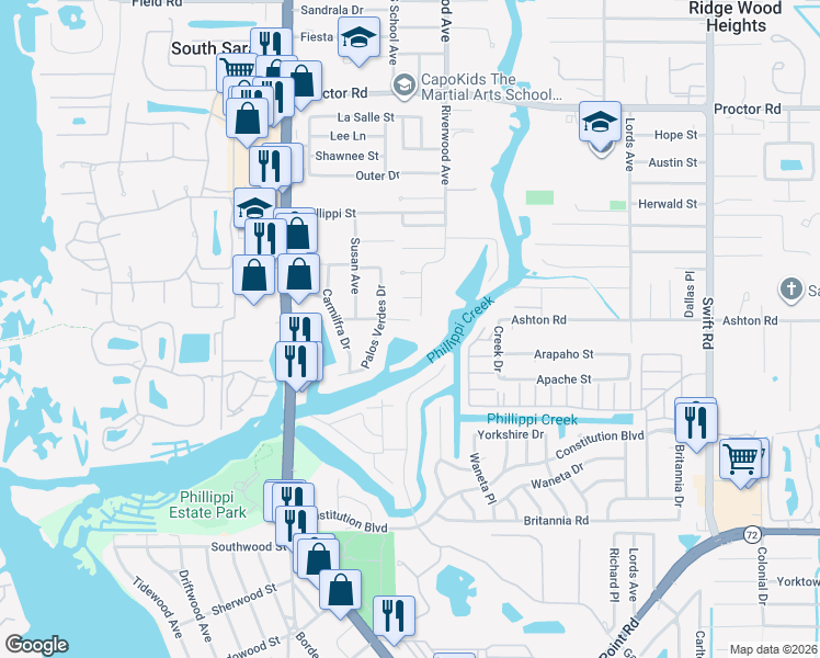 map of restaurants, bars, coffee shops, grocery stores, and more near 2272 Wason Road in Sarasota