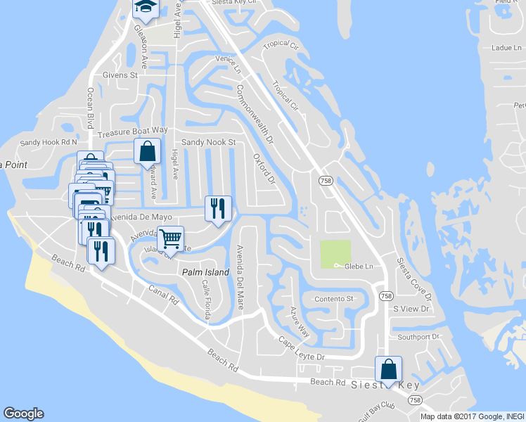 map of restaurants, bars, coffee shops, grocery stores, and more near 5211 Cape Leyte Drive in Sarasota