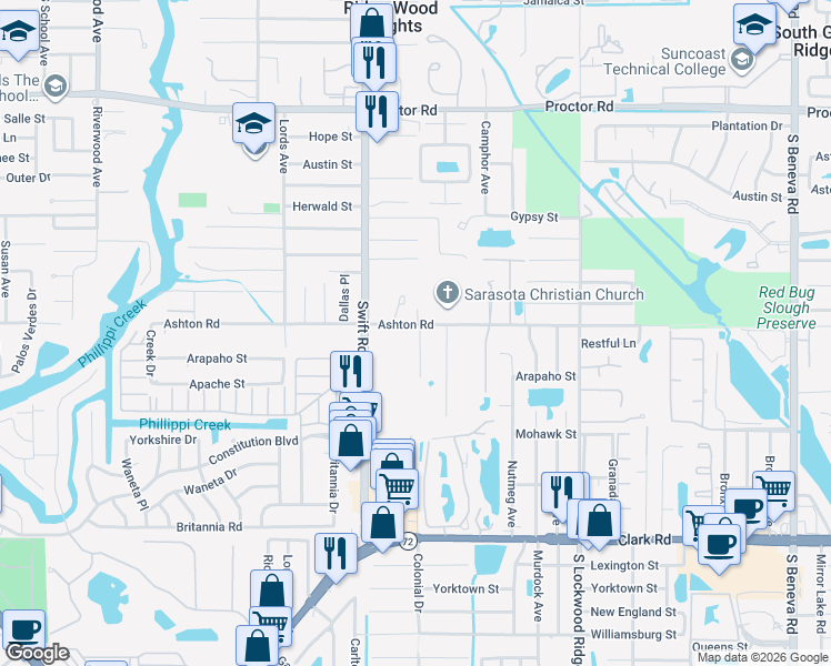 map of restaurants, bars, coffee shops, grocery stores, and more near 5311 Midland Road in Sarasota