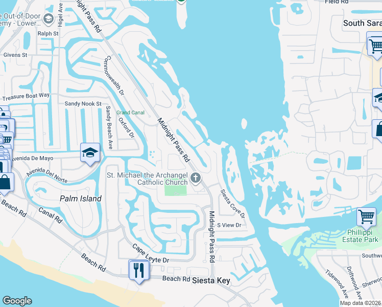 map of restaurants, bars, coffee shops, grocery stores, and more near 5225 Hidden Harbor Road in Siesta Key