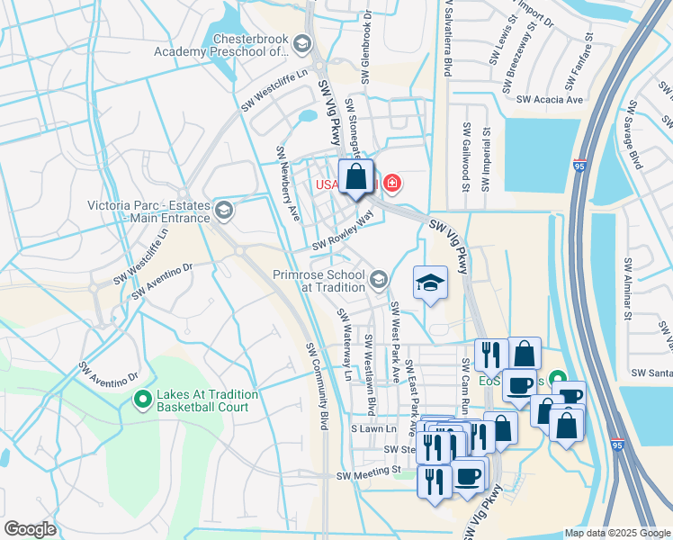 map of restaurants, bars, coffee shops, grocery stores, and more near 10375 Southwest Landry Lane in Port St. Lucie