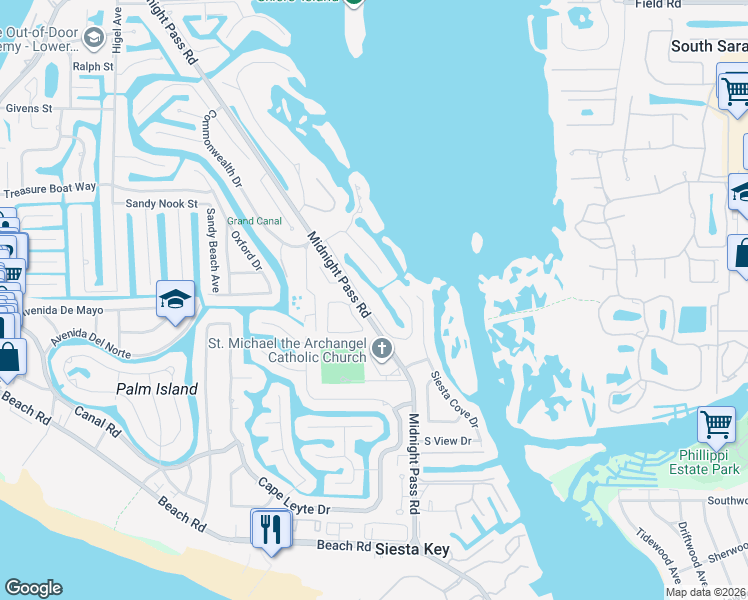 map of restaurants, bars, coffee shops, grocery stores, and more near 5225 Hidden Harbor Road in Siesta Key