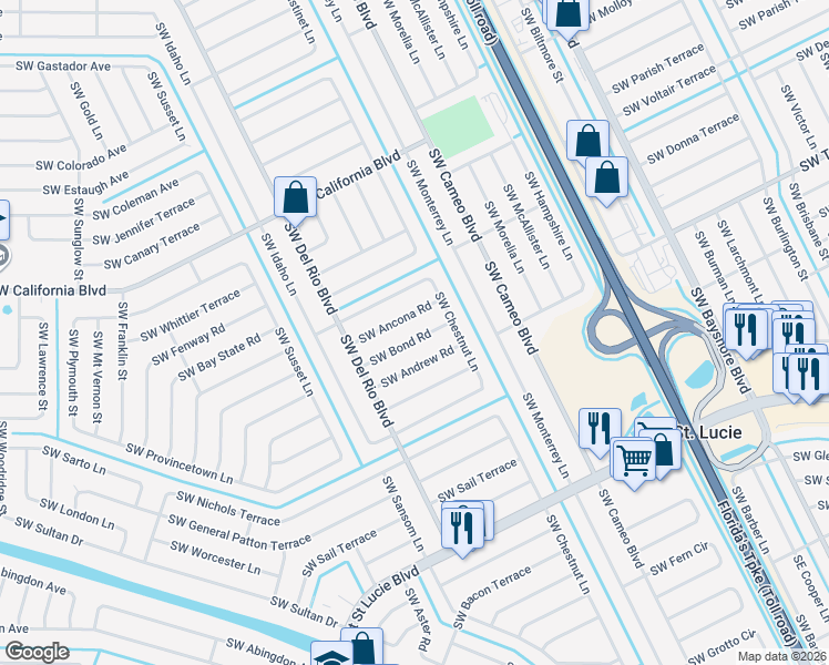 map of restaurants, bars, coffee shops, grocery stores, and more near 732 Southwest Bond Road in Port St. Lucie