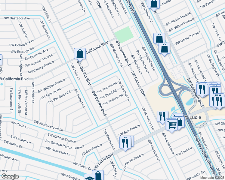 map of restaurants, bars, coffee shops, grocery stores, and more near 732 Southwest Bond Road in Port St. Lucie