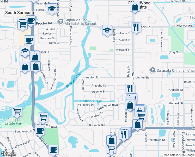 map of restaurants, bars, coffee shops, grocery stores, and more near 2525 Arapaho Street in Sarasota
