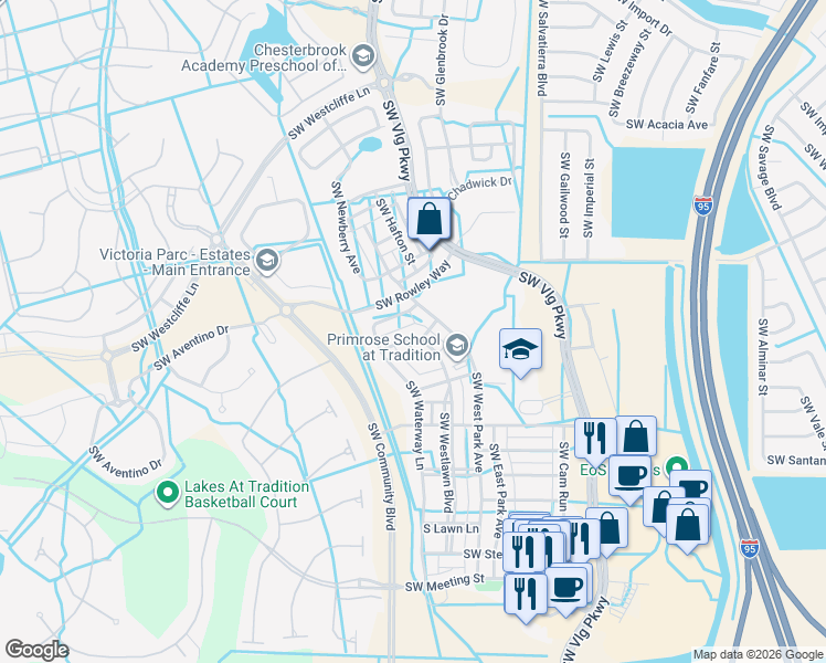 map of restaurants, bars, coffee shops, grocery stores, and more near 10375 Southwest Landry Lane in Port St. Lucie