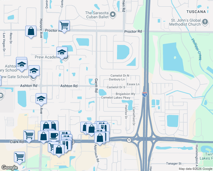 map of restaurants, bars, coffee shops, grocery stores, and more near 5735 Andover Circle in Sarasota