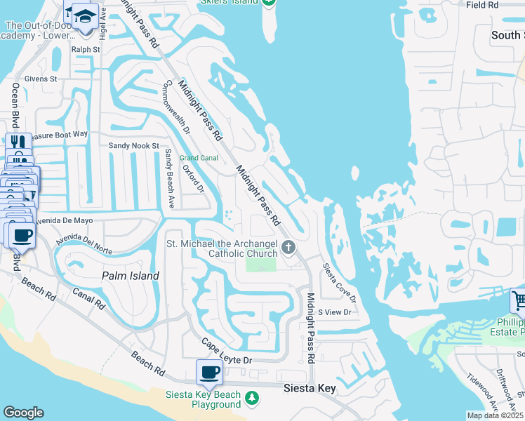 map of restaurants, bars, coffee shops, grocery stores, and more near 5207 Winding Way in Siesta Key
