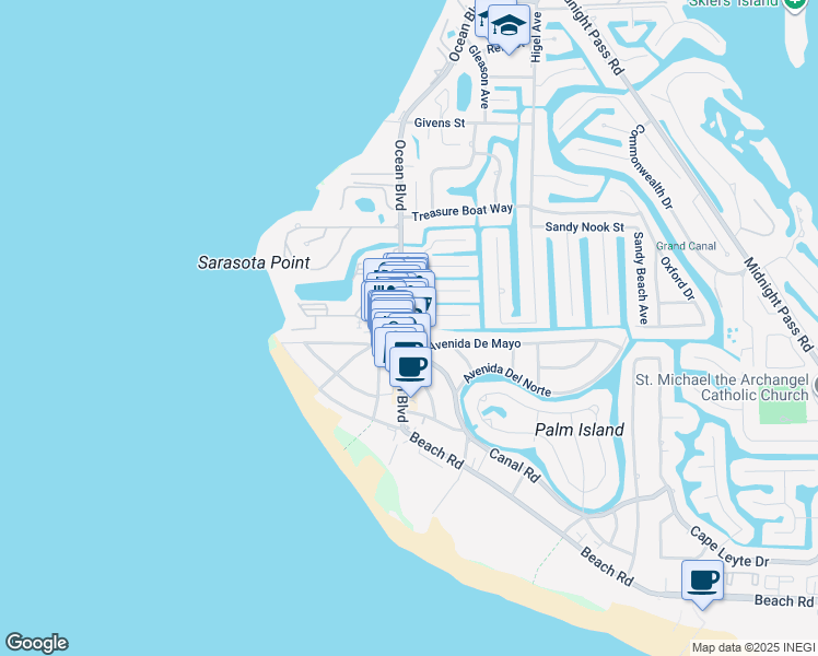 map of restaurants, bars, coffee shops, grocery stores, and more near 5148 Ocean Boulevard in Siesta Key