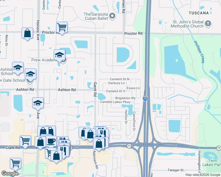 map of restaurants, bars, coffee shops, grocery stores, and more near 5841 Brigadoon Place in Sarasota