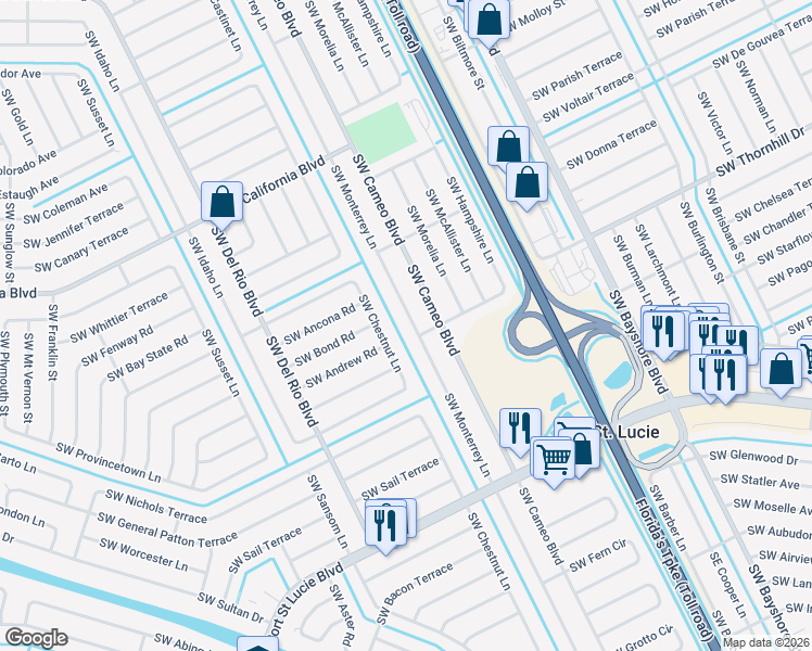 map of restaurants, bars, coffee shops, grocery stores, and more near 2180 Southwest Cameo Boulevard in Port St. Lucie