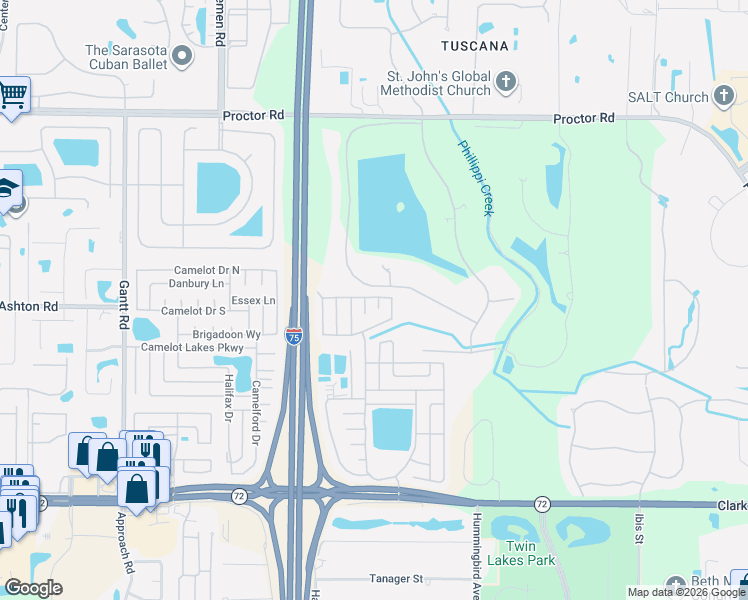 map of restaurants, bars, coffee shops, grocery stores, and more near 5326 Wellfleet Drive North in Sarasota