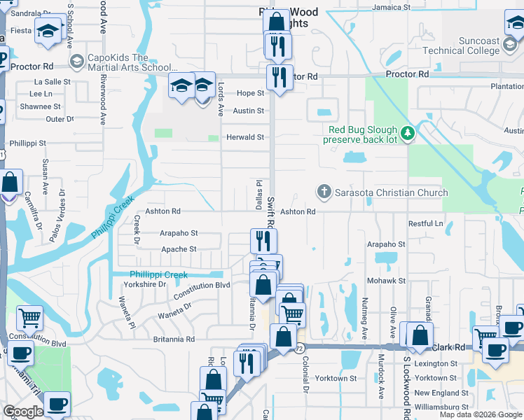 map of restaurants, bars, coffee shops, grocery stores, and more near 5243 Dallas Place in Sarasota