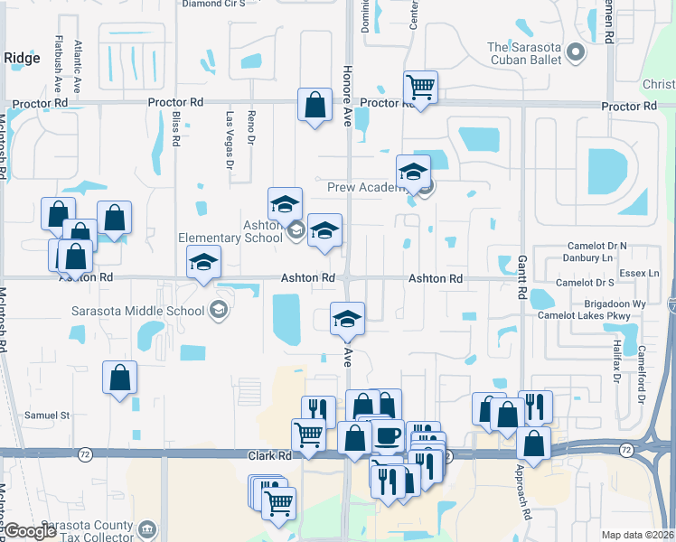 map of restaurants, bars, coffee shops, grocery stores, and more near 5237 Ashton Road in Sarasota