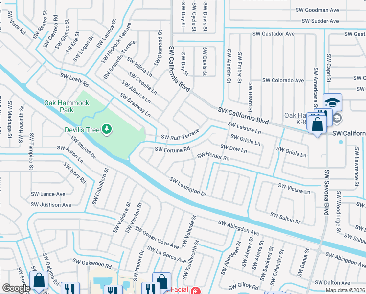 map of restaurants, bars, coffee shops, grocery stores, and more near 1629 Southwest Fortune Road in Port St. Lucie