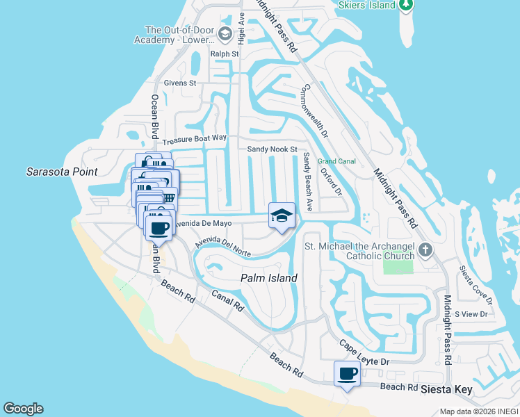 map of restaurants, bars, coffee shops, grocery stores, and more near 5137 Higel Avenue in Siesta Key