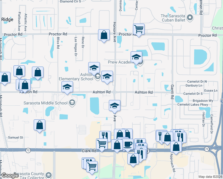 map of restaurants, bars, coffee shops, grocery stores, and more near 5237 Ashton Road in Sarasota