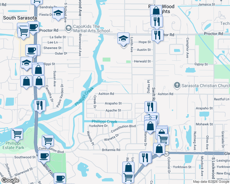 map of restaurants, bars, coffee shops, grocery stores, and more near 2513 Ashton Road in Sarasota
