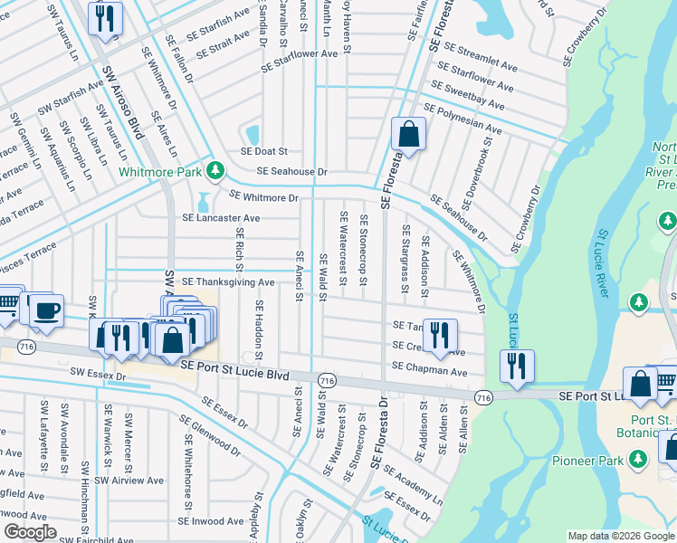 map of restaurants, bars, coffee shops, grocery stores, and more near 2152 Southeast Watercrest Street in Port St. Lucie
