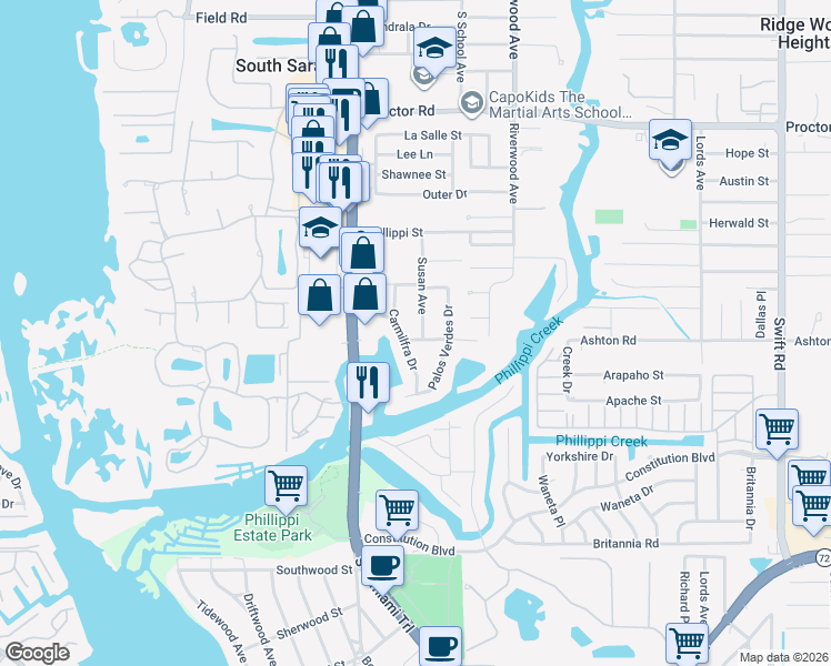 map of restaurants, bars, coffee shops, grocery stores, and more near 5230 Susan Avenue in Sarasota
