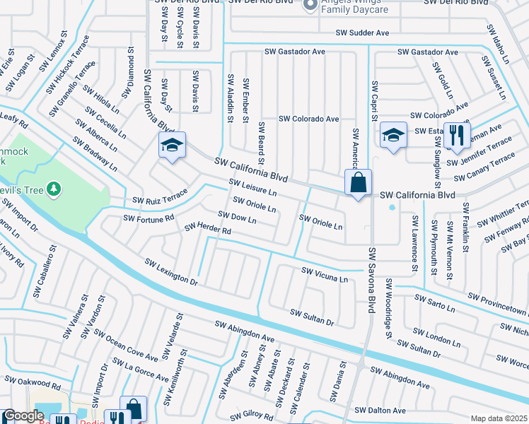 map of restaurants, bars, coffee shops, grocery stores, and more near 1426 Southwest Oriole Lane in Port St. Lucie