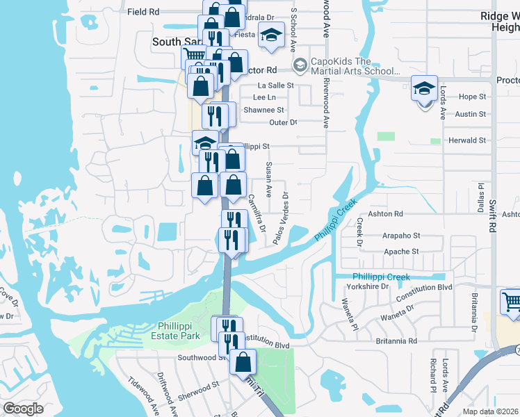 map of restaurants, bars, coffee shops, grocery stores, and more near 5230 Susan Avenue in Sarasota