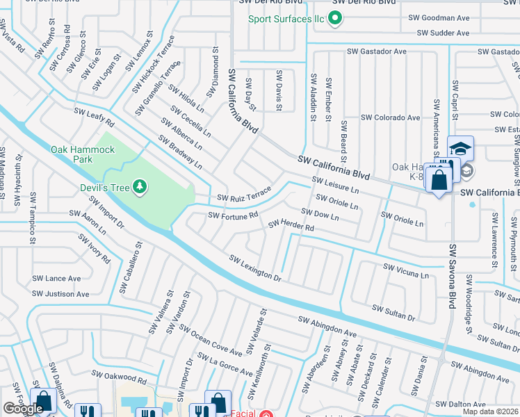 map of restaurants, bars, coffee shops, grocery stores, and more near 1557 Southwest Fortune Road in Port St. Lucie