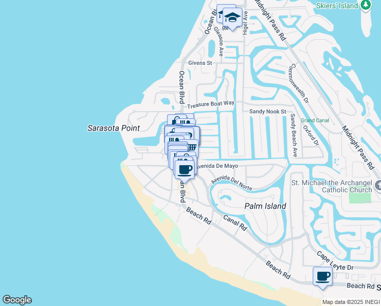 map of restaurants, bars, coffee shops, grocery stores, and more near 217 Avenida Madera in Sarasota