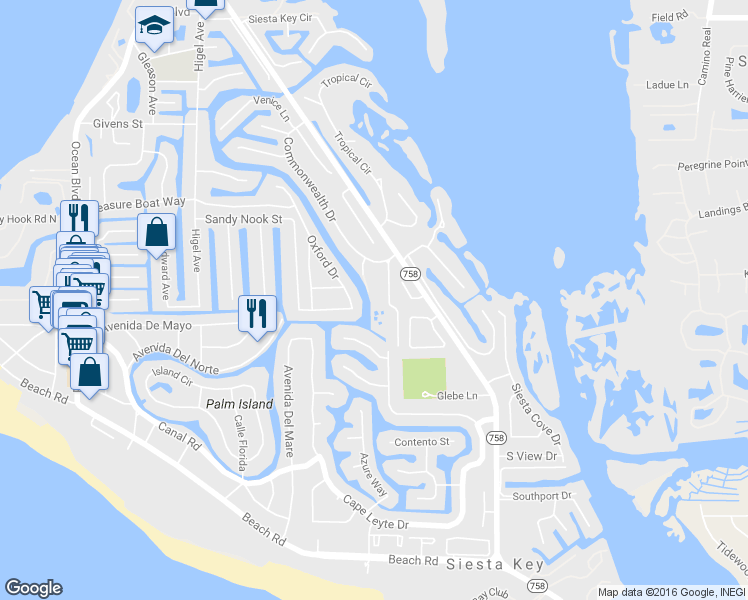 map of restaurants, bars, coffee shops, grocery stores, and more near 5143 Oakmont Place in Siesta Key