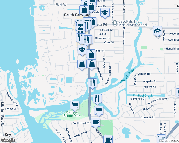 map of restaurants, bars, coffee shops, grocery stores, and more near 5249 South Tamiami Trail in Sarasota