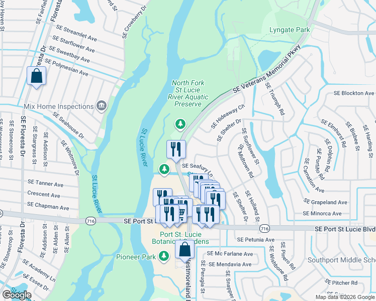 map of restaurants, bars, coffee shops, grocery stores, and more near 2161 Southeast New York Street in Port St. Lucie