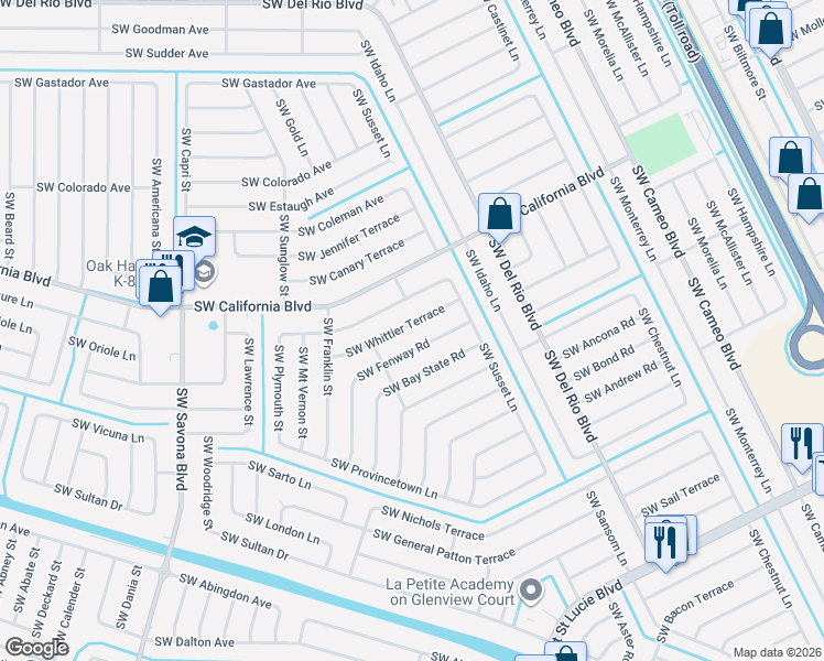 map of restaurants, bars, coffee shops, grocery stores, and more near 964 Southwest Whittier Terrace in Port St. Lucie