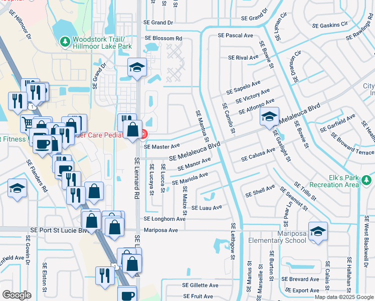 map of restaurants, bars, coffee shops, grocery stores, and more near 2321 Southeast Melaleuca Boulevard in Port St. Lucie