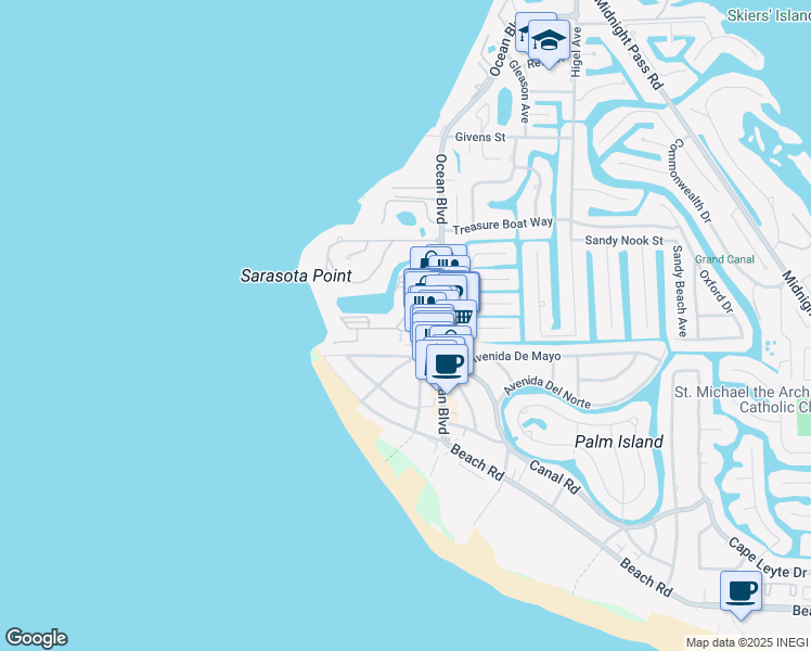 map of restaurants, bars, coffee shops, grocery stores, and more near 147 Ocean Boulevard in Siesta Key