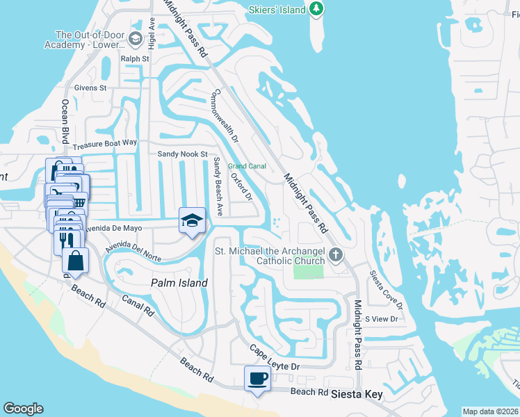map of restaurants, bars, coffee shops, grocery stores, and more near 5169 Oxford Drive in Siesta Key