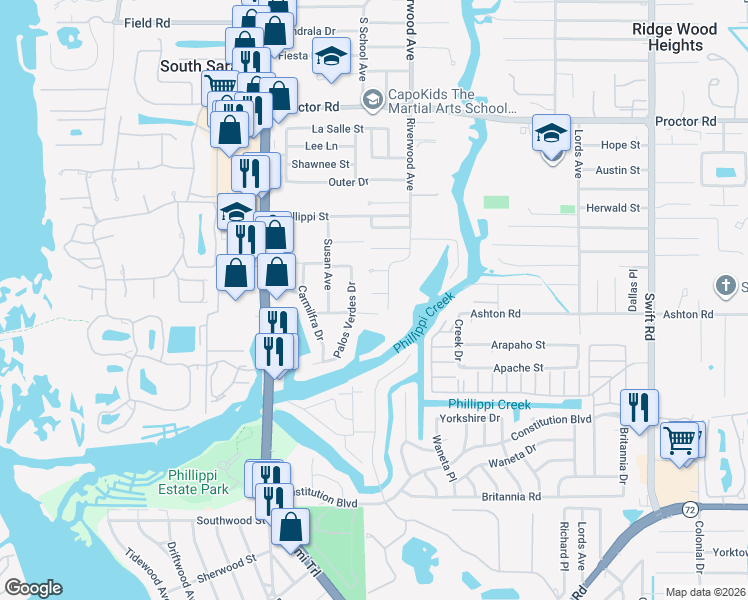 map of restaurants, bars, coffee shops, grocery stores, and more near 5240 Riverwood Avenue in Sarasota