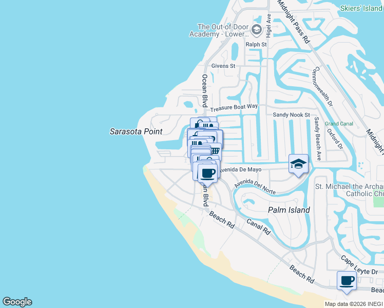map of restaurants, bars, coffee shops, grocery stores, and more near 115 Whispering Sands Circle in Siesta Key