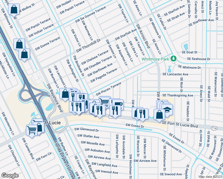 map of restaurants, bars, coffee shops, grocery stores, and more near 237 Southwest Pisces Terrace in Port St. Lucie