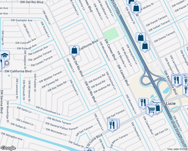 map of restaurants, bars, coffee shops, grocery stores, and more near 744 Southwest Monsoon Road in Port St. Lucie