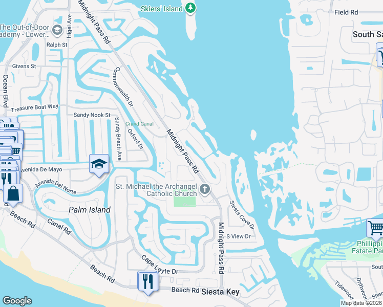 map of restaurants, bars, coffee shops, grocery stores, and more near 5175 Siesta Woods Drive in Siesta Key