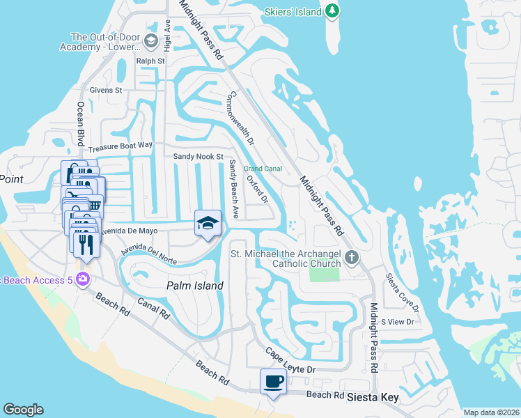 map of restaurants, bars, coffee shops, grocery stores, and more near 5151 Saint Albans Avenue in Siesta Key