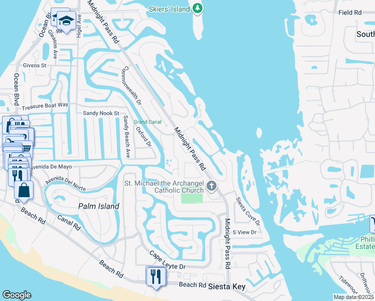 map of restaurants, bars, coffee shops, grocery stores, and more near 5175 Siesta Woods Drive in Siesta Key