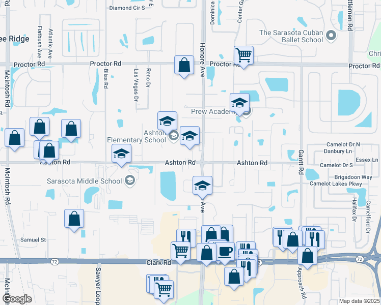 map of restaurants, bars, coffee shops, grocery stores, and more near 5237 Ashton Road in Sarasota