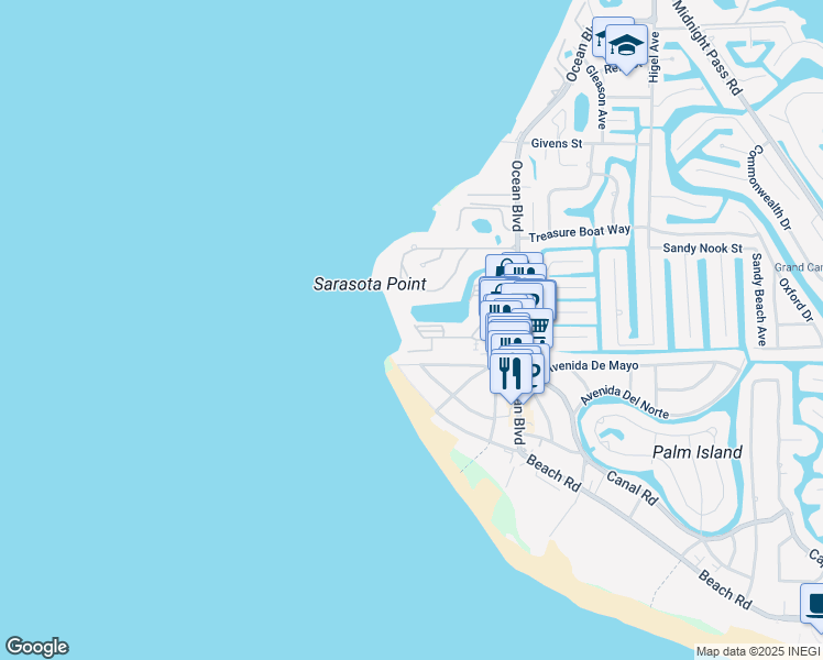 map of restaurants, bars, coffee shops, grocery stores, and more near 19 Whispering Sands Drive in Siesta Key