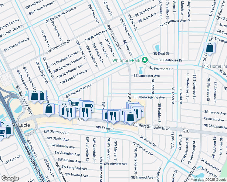 map of restaurants, bars, coffee shops, grocery stores, and more near 198 Southwest Evans Avenue in Port St. Lucie