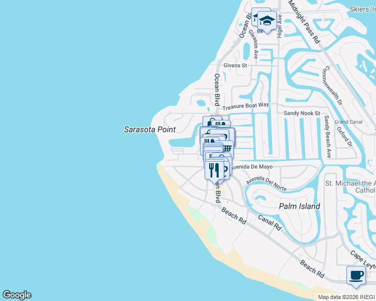 map of restaurants, bars, coffee shops, grocery stores, and more near 101 Whispering Sands Drive in Siesta Key